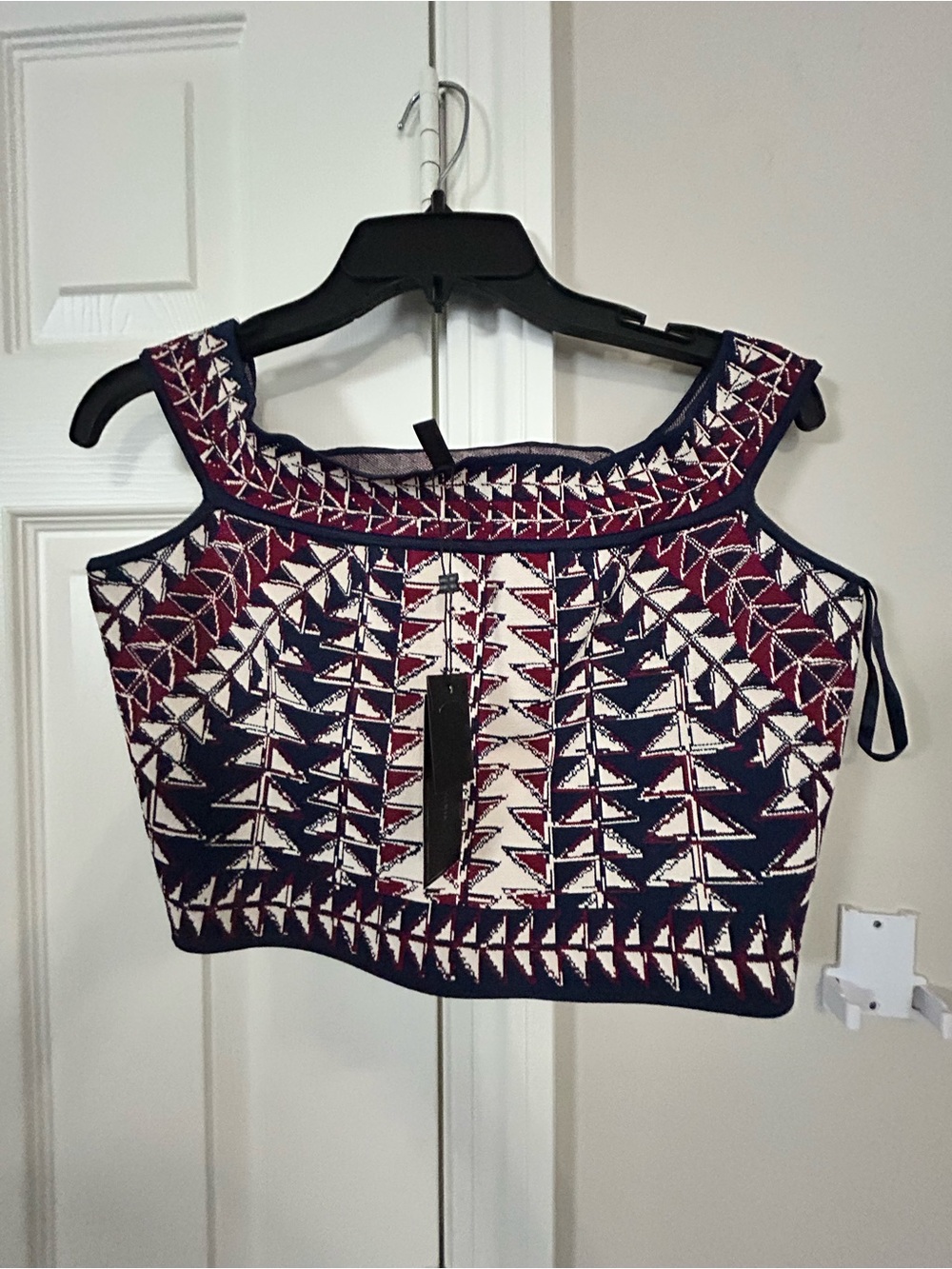 BCBGMaxAzria Navy, White & Burgundy Embroidered Crop Top